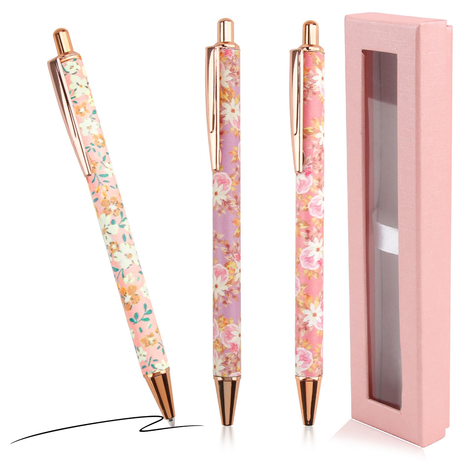 3 Pcs Floral Art Ballpoint Pens, Fancy Metal Flower Ballpoints Pens with Box, Smooth Writing Retractable Ballpoint Pen Pretty Pens for Women Girls Teacher Student Birthday Wedding Gifts