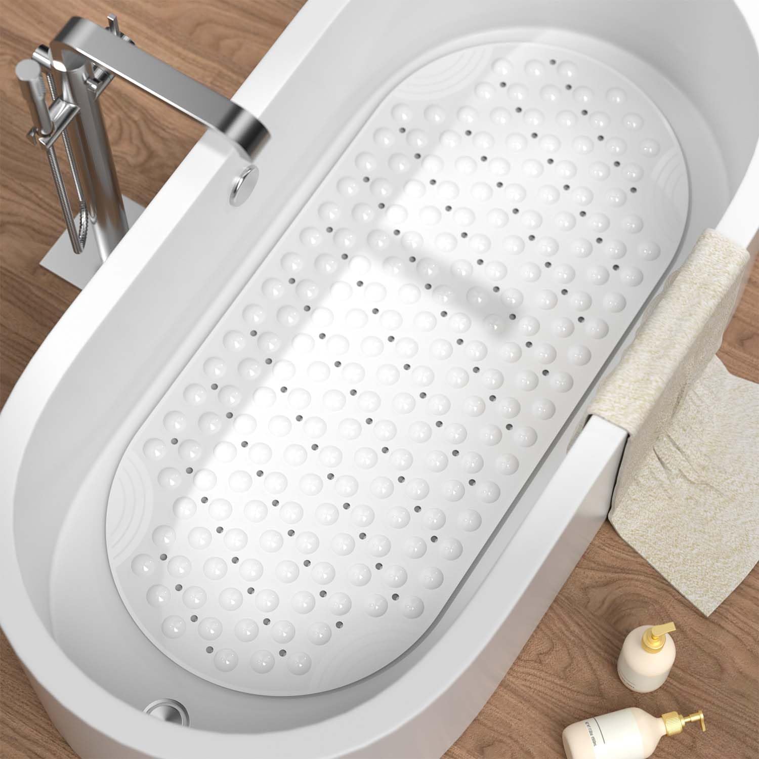 HITSLAM Tappetino Vasca Antiscivolo Ovale, 88 x 40 CM Resistente alla Muffa Tappetino Doccia Antiscivolo per il Bagno,Lavabile in Lavatrice e Senza BPA Tappetino Bagno, Bianco