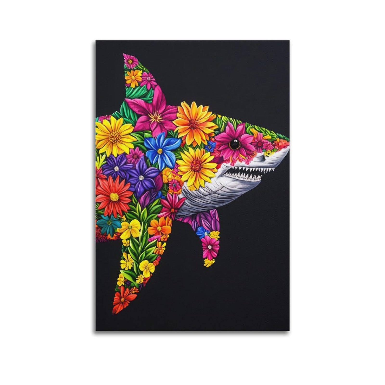ZSZWHJ Animal Poster Sharks & Flowers Poster Decorative Painting Canvas Wall Posters And Art Picture Print Modern Family Bedroom Decor Posters 20x30inch(50x75cm)
