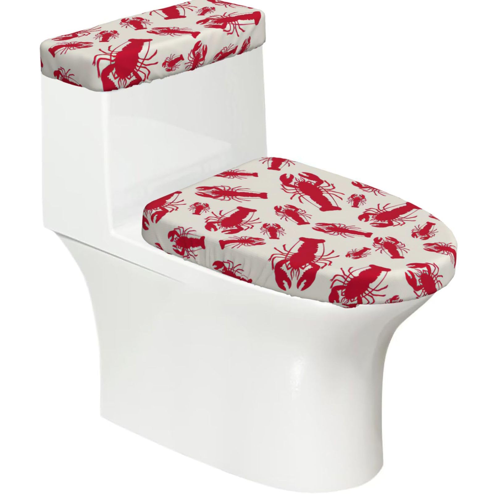 Red Lobster Print 2-Piece Stretch Toilet Cover Set, Elastic Breathable Toilet Seat and Tank Lid Protector