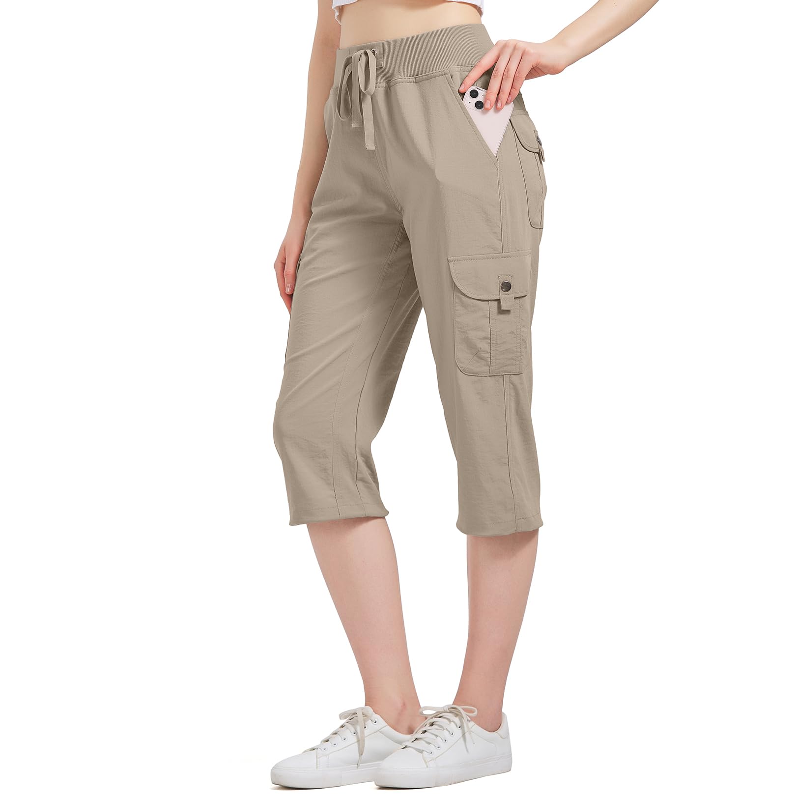 Jogwits Hose Damen 3/4 Cargo Caprihose Sommer Casual Wanderhose Jogginghose Stretch Leichte Outdoor Sporthose für Reisen und Wandern Mit 6 Taschen