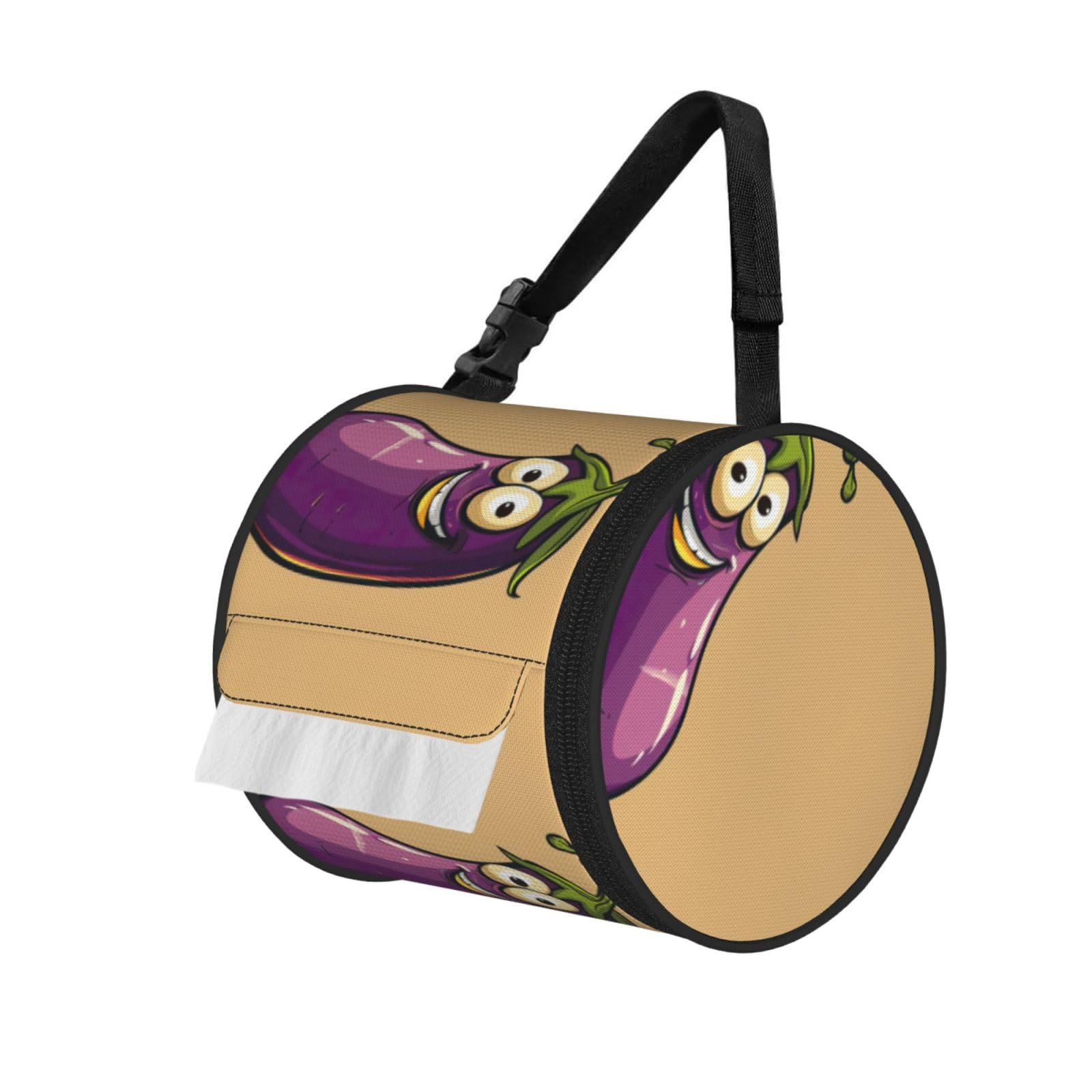 Cartoon Eggplant Print Cylinder Bathroom Tissue Holder With Buckle Strap, Portable Paper Case For Road Trips