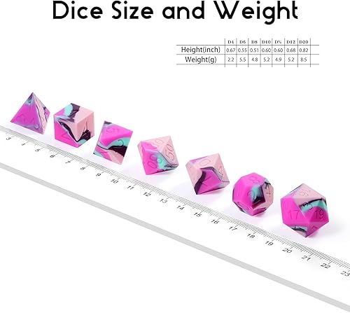 Miniatura 4 de Juego de dados de silicona DND, Dungeons and Dragons D&D RPG poliédricos blandos y hinchables de goma D y D con estuche protector (rosa, rosa, azul