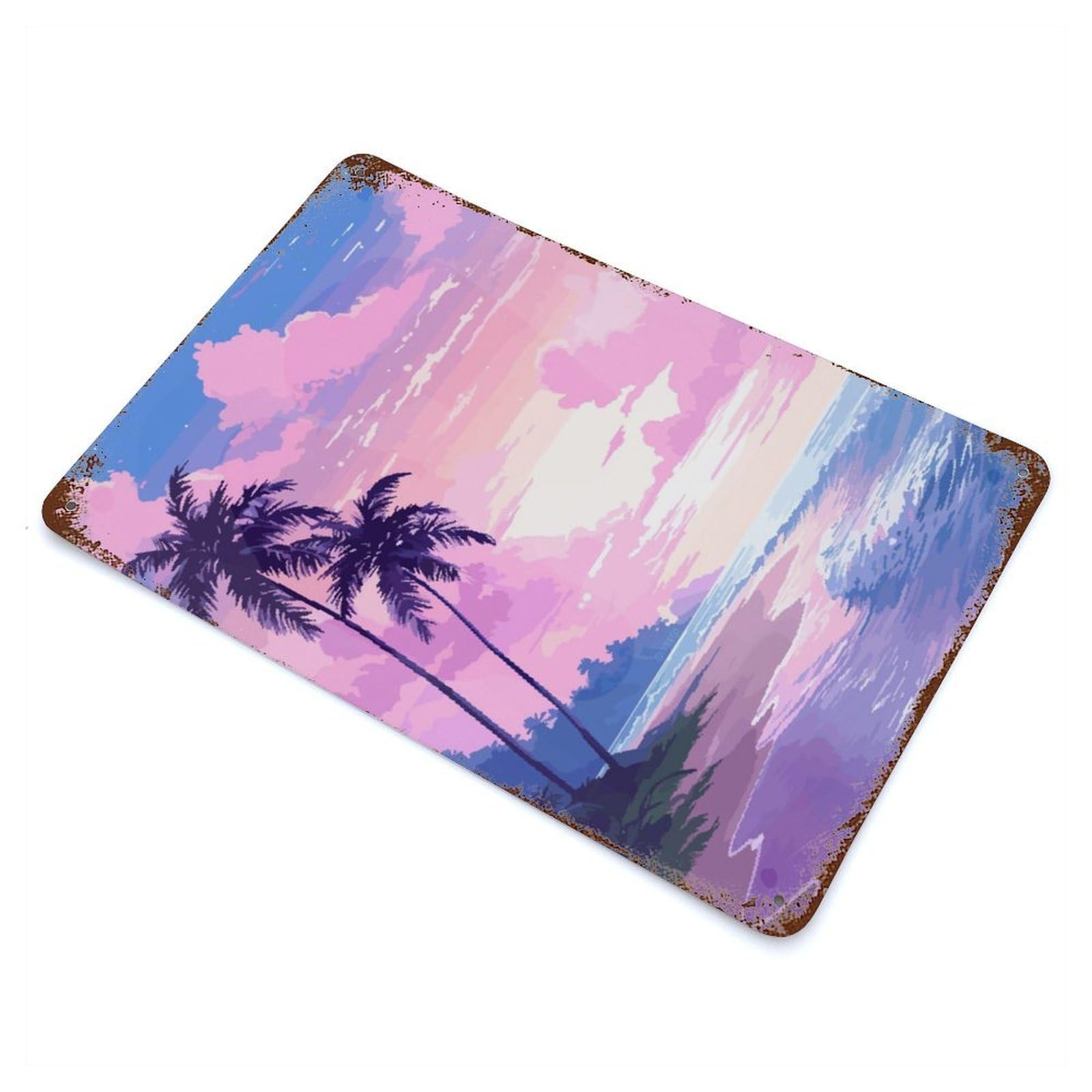 Hawaii Sunset Pixel Art Decorative Tin Sign 11.8"x7.9", Retro Wall Decor for Living Room, Hallway And Home Decor
