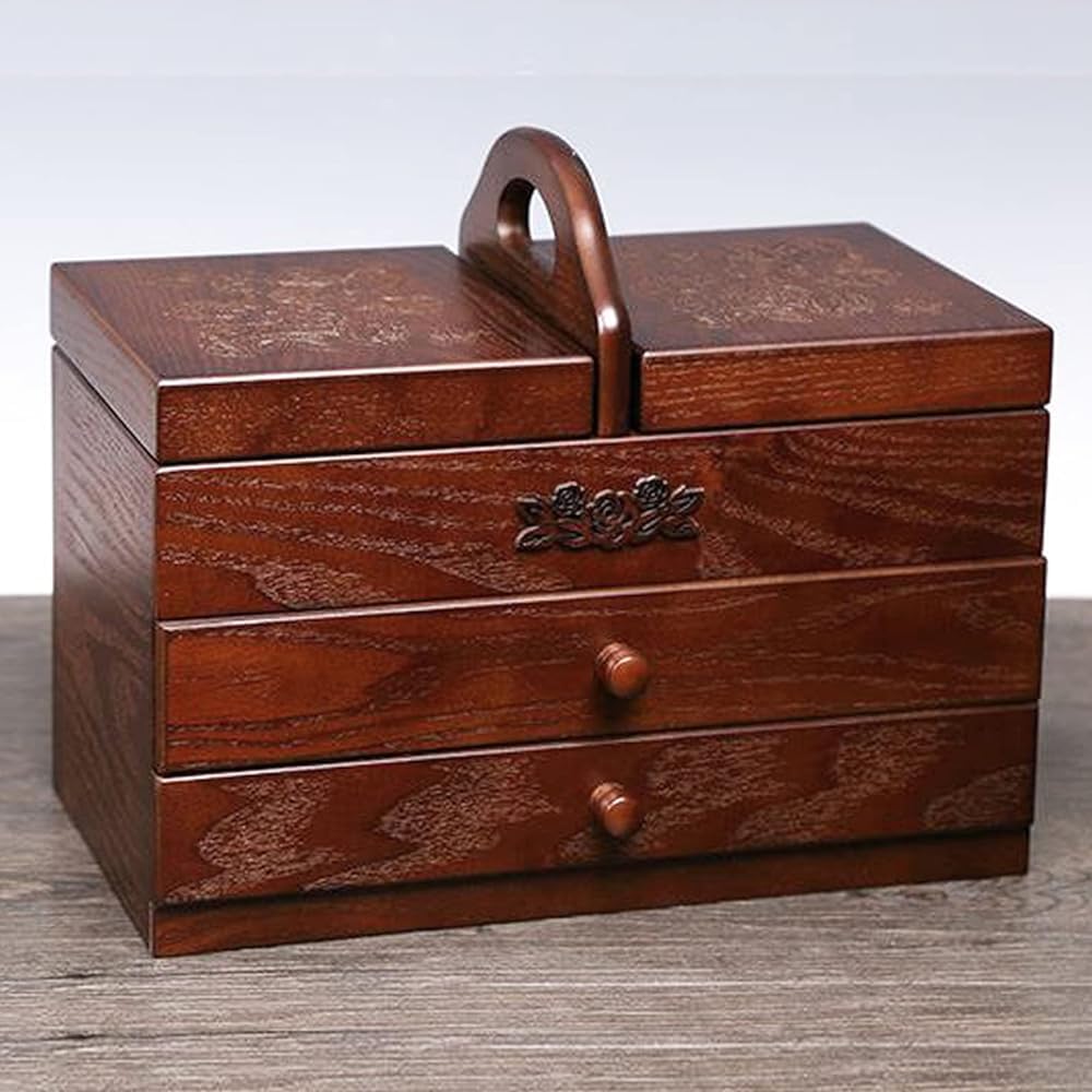 Caja de costura de madera, cestas de costura grandes con 2 cajones, organizador de herramientas de costura con compartimento, fácil de llevar, para el hogar y bordado