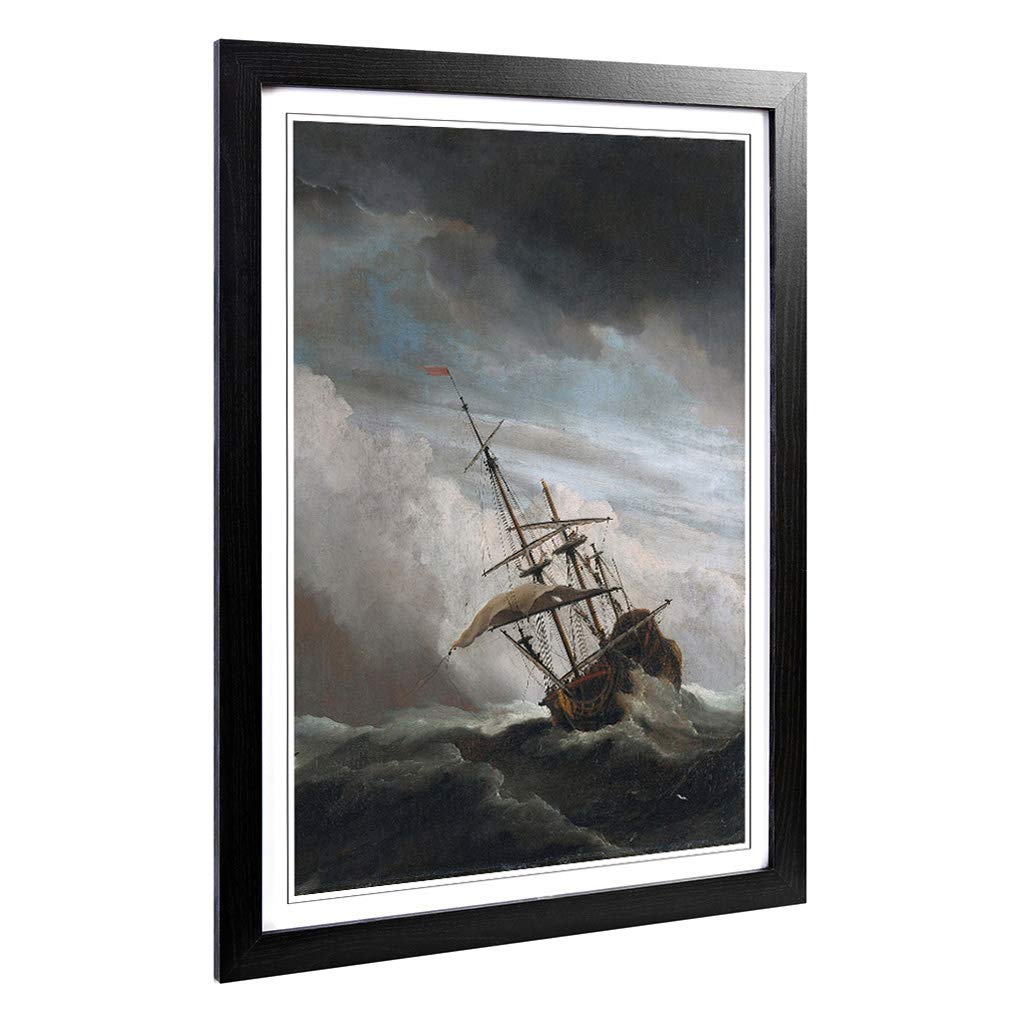 Big Box Art Framed Print of Willem Van de Velde The Younger Raging Storm Ship Design | Wall Art Picture| Home Decor for Kitchen, Living Room, Bedroom, Hallway, Black, A2 / 24.5x18 Inch / 62x45cm