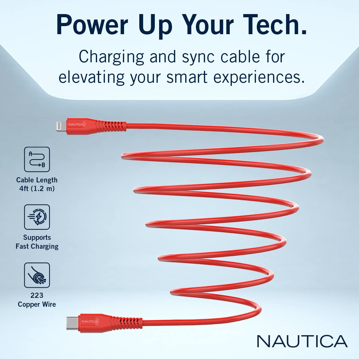 Nautica C100 USB-C to Lightning PD 18W Hızlı Şarj ve Data Kablosu 1.2 Metre Kırmızı