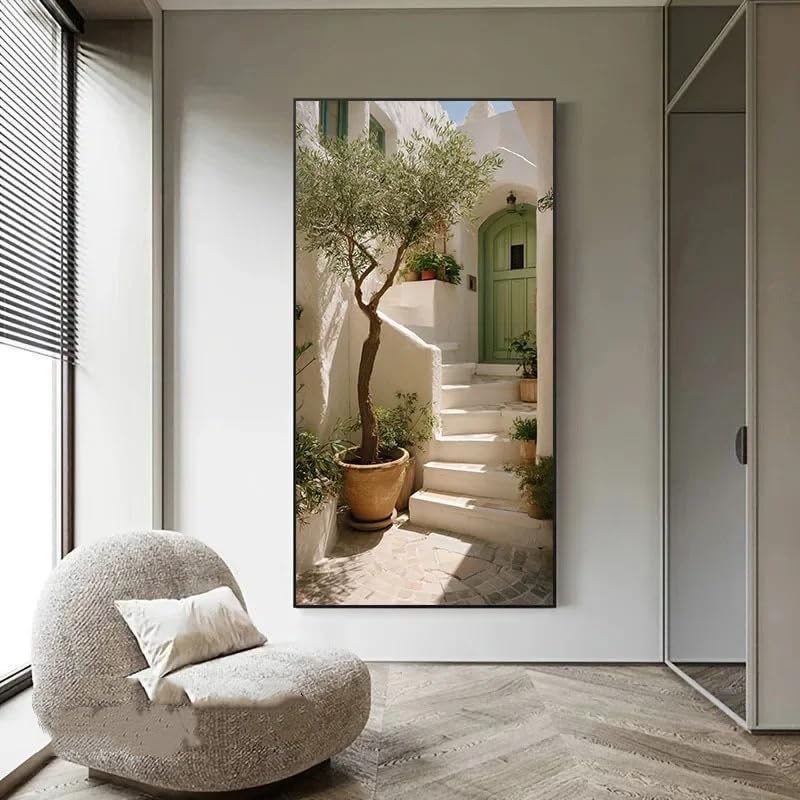 SDVIB Tableau sur toile représentant un escalier de style méditerranéen avec un olivier et une porte verte, idéal pour la décoration des salons et des chambres (90 x 180 cm/sans cadre)
