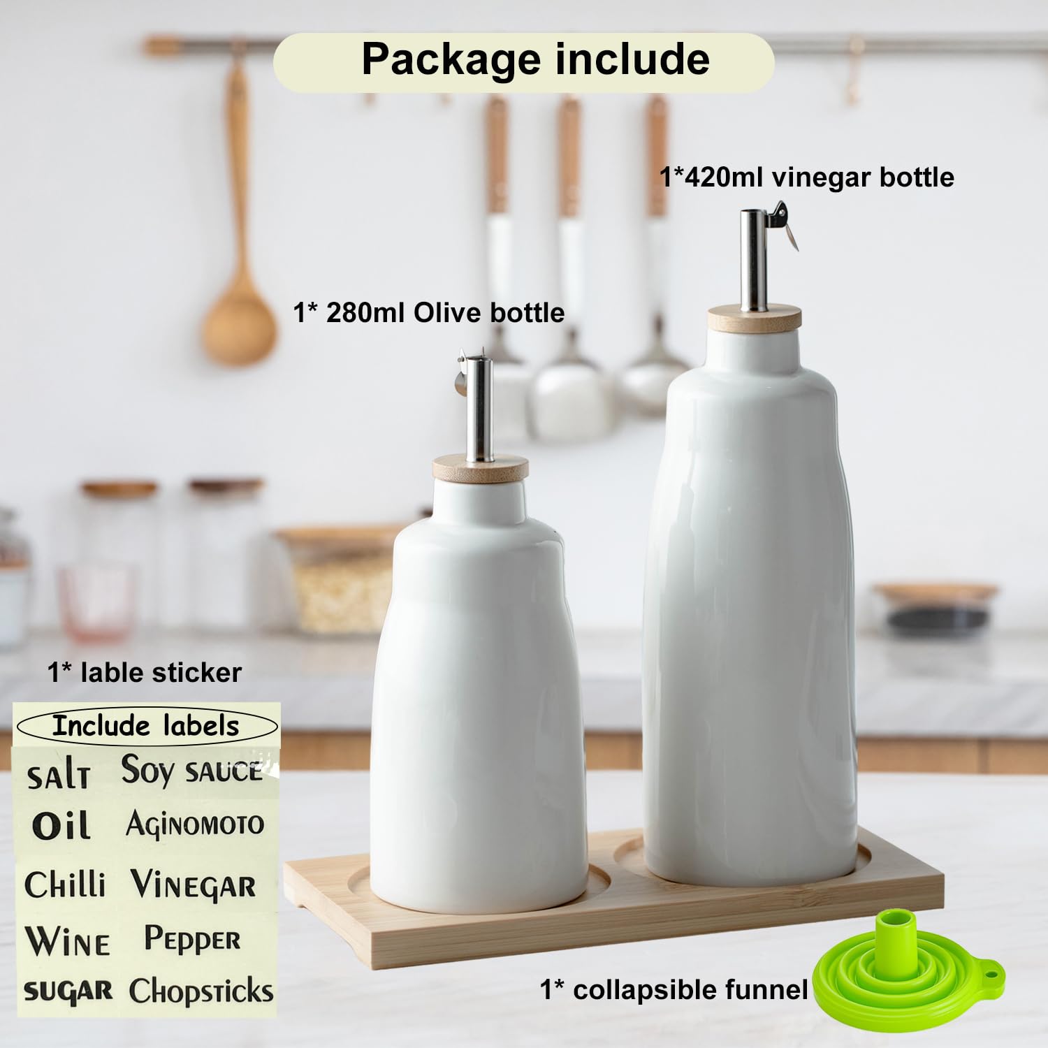 Set dispenser per olio d'oliva e aceto, bottiglie in ceramica per olio e aceto da 420 ml e 280 ml, con vassoio in bambù, 2 contenitori per olio con imbuto ed etichette.