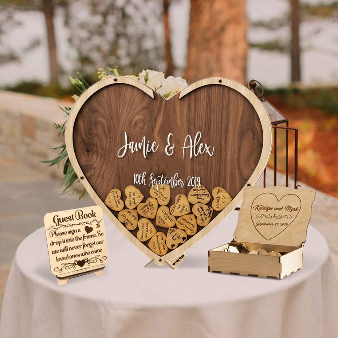 Libro De Invitados De Boda, Caja De Invitados De Madera Con Corazón Alternativo, Incluye 80 Piezas De Corazones De Madera, Caja De Inicio De Sesión Para Boda Rústica, Baby Shower (beige