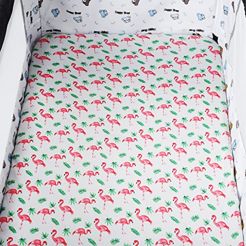 Image of Pack n Play Sheet Stretchy Fitted Set 3 Pack Compatible with 4moms Breeze Plus Playard and Other Large Playpen Mattress Ultra Soft Jersey Material,Flamingo Elephant & Lion