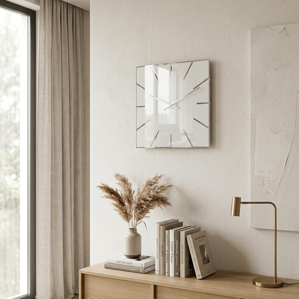 FLEXISTYLE Moderno grande orologio da parete Exact 50 cm, vetro acrilico e specchio acrilico, silenzio, soggiorno, camera da letto (bianco)