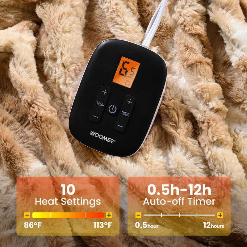 WOOMER Electric Blanket Twin Size 62 x 84, Heated Blanket with 0.5-12 Hours Timer & 10 Heating Levels, ETL Certified, Beige Double-Sided Faux Fur, Over-Heat Protect, Machine Washable