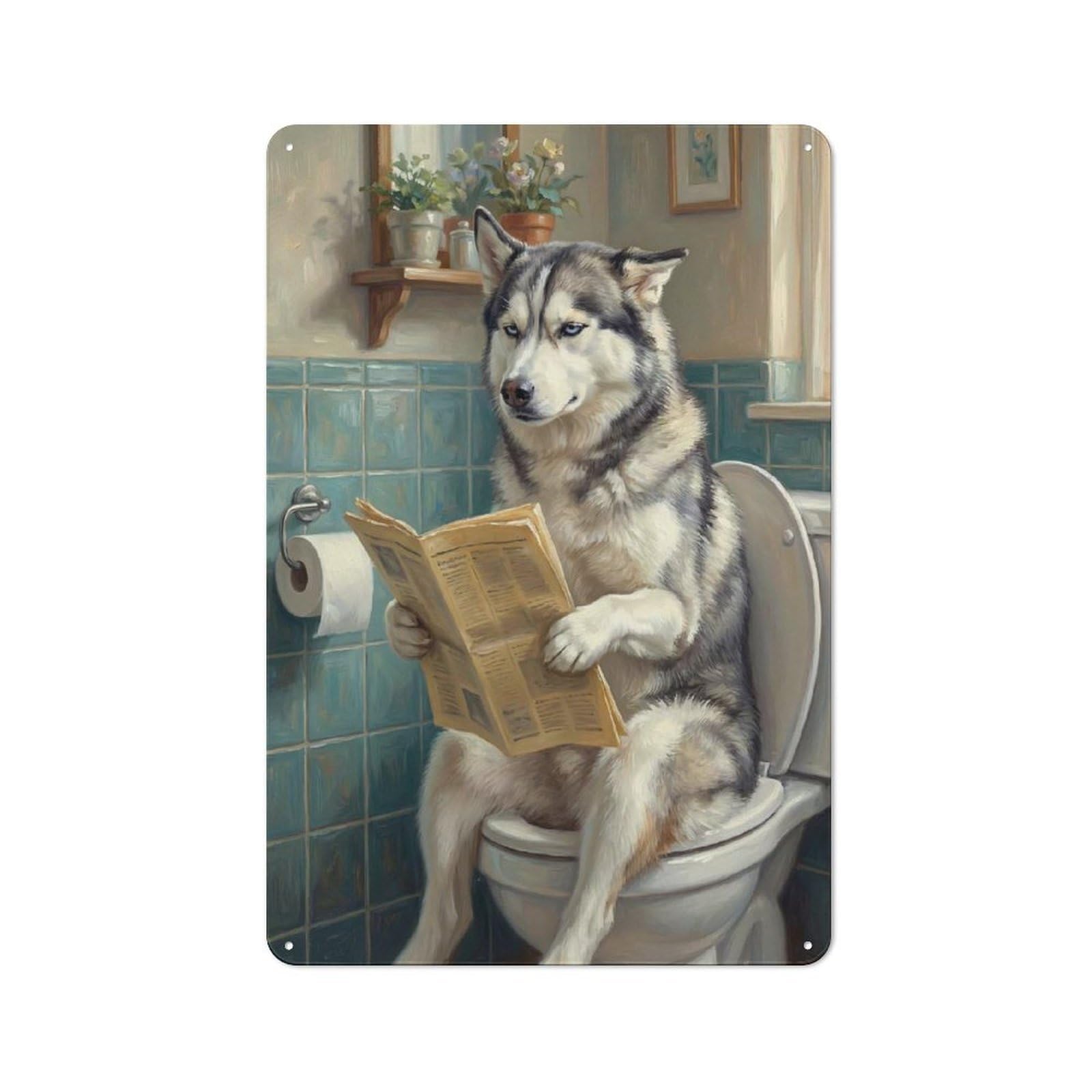 Junmoney Style-15 Country Style Kitchen Metal Sign 30X20cm Featuring Husky Dog Reading Newspaper On Toilet, Diner Style Decor For Kitchen, Cafe, Pantry Or Dining Room