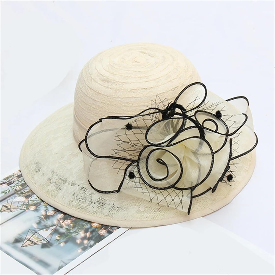 Yeuyyben Elegante cappello da sole in organza con fiore per donne a tesa larga chiesa signora tea party cappello da sole spiaggia cappello