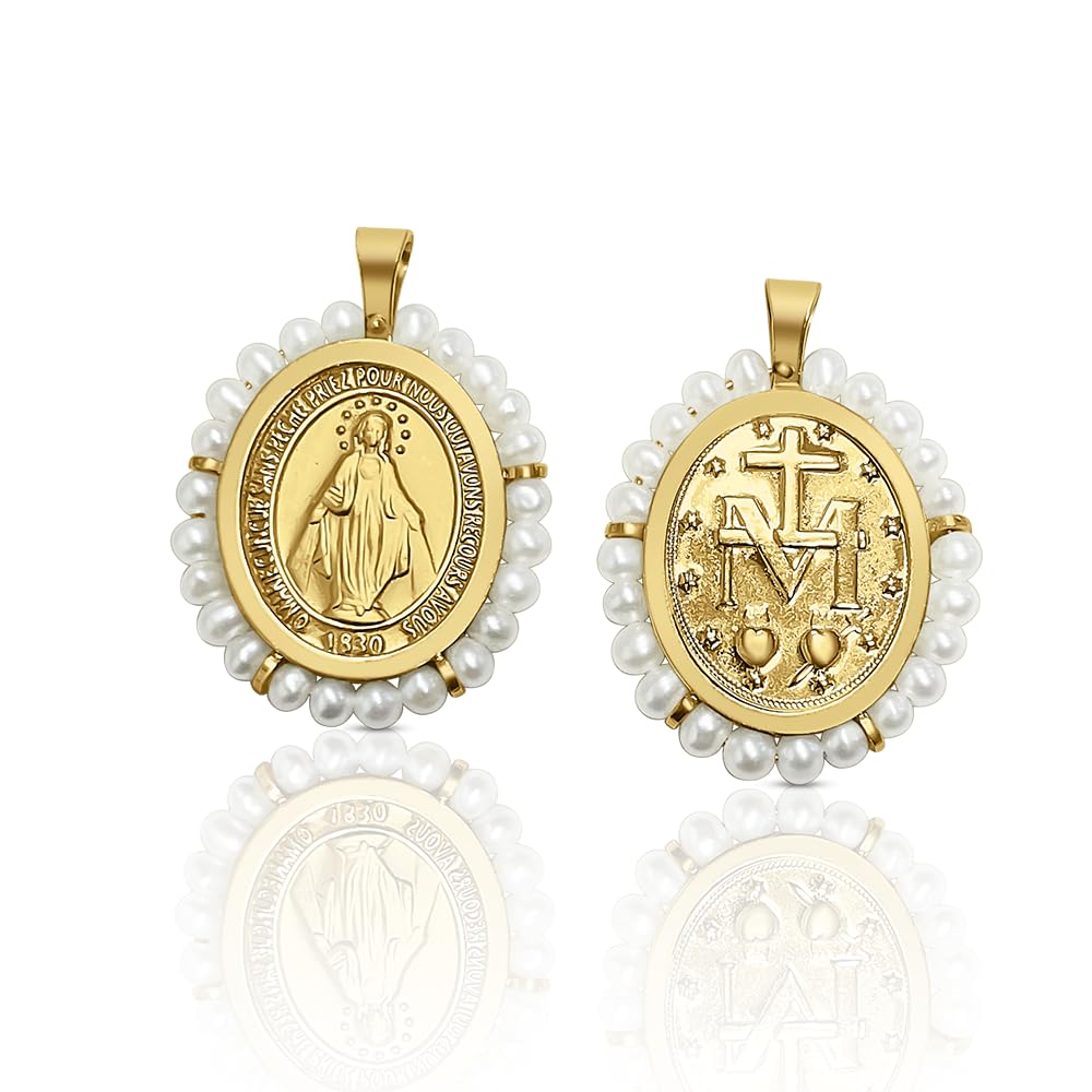 Medalla colgante oro ley milagrosa con perlas cultivadas comunión niña mujer, 18x20 mm