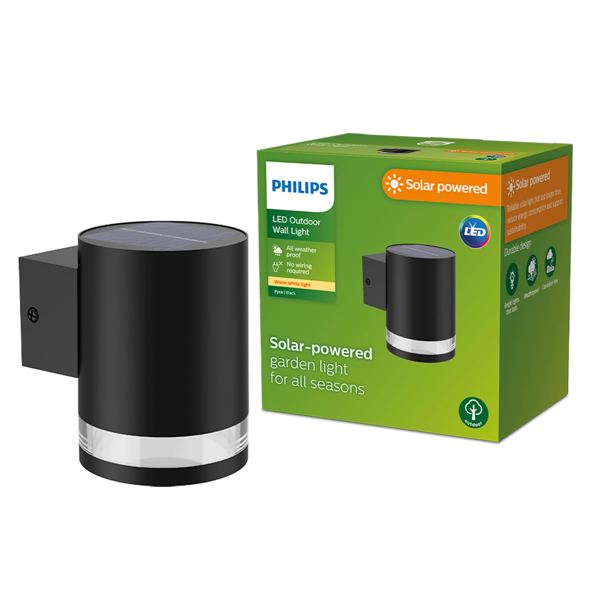 Philips Lighting: Aplique pared Exterior Fyce, alimentación solar, 1.5W, 2700K, negro, resistente a intemperie IP44