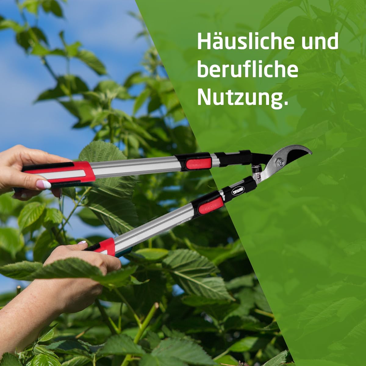 Amig – Astschere | Teleskop-Zweihand-Gartenschere | ausziehbarer Aluminiumgriff von 62 bis 97 cm | Bypass-Schneiden | Schnittkapazität 38 mm | Rot und Schwarz