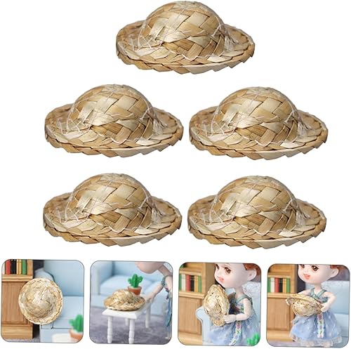 Miniatura 6 de TOYANDONA 10 piezas de sombrero de paja, mini sombrero de paja, accesorios de decoración de miniture, muebles de casa, muñecos pequeños, ornamento,