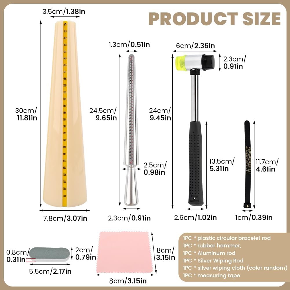 Jewelry Ring Sizer Tools Including Ring-Mandrel Sizer,Rubber Hammer,Solid Metal Stick,Polishing Cloth,Polishing Stick,Adjust Ring-Sizer Guage Making Tool for Jewelry Makers DIY