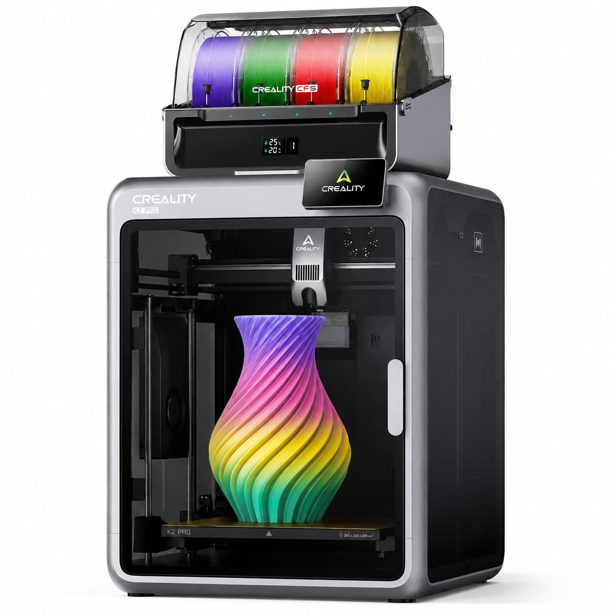 Creality K2 Pro Combo Impresora 3D Multicolor con Sistema CFS hasta 16 Colores, Velocidad 600 mm/s, Doble Cámaras AI, Cámara Calefactada Activa, Extrusor Directo, Volumen 300×300×300 mm