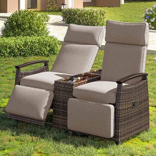 Merax Patio Recliner Loveseat Chair Adjustable Backrest Wicker Outdoor Lounge Chair Set with Acacia Wood Armrests and Built-in Storage Table for Balcony, Porch and Lawn