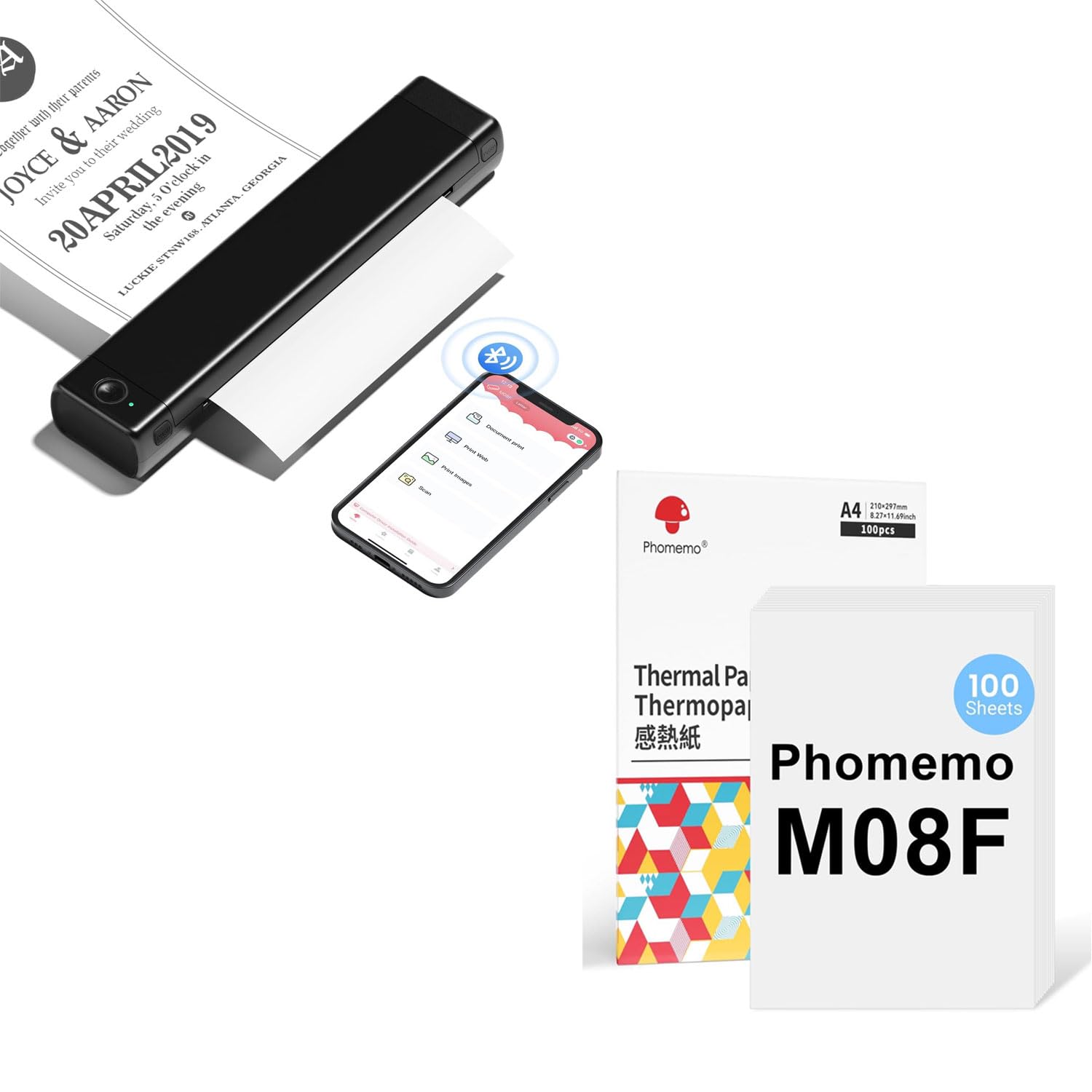 Phomemo M08F A4 Schwarz Tragbarer Drucker mit 100 Blatt A4 Thermopapier, Kabelloser Bluetooth Mobildrucker für Reisen, Auto, Büro & Zuhause