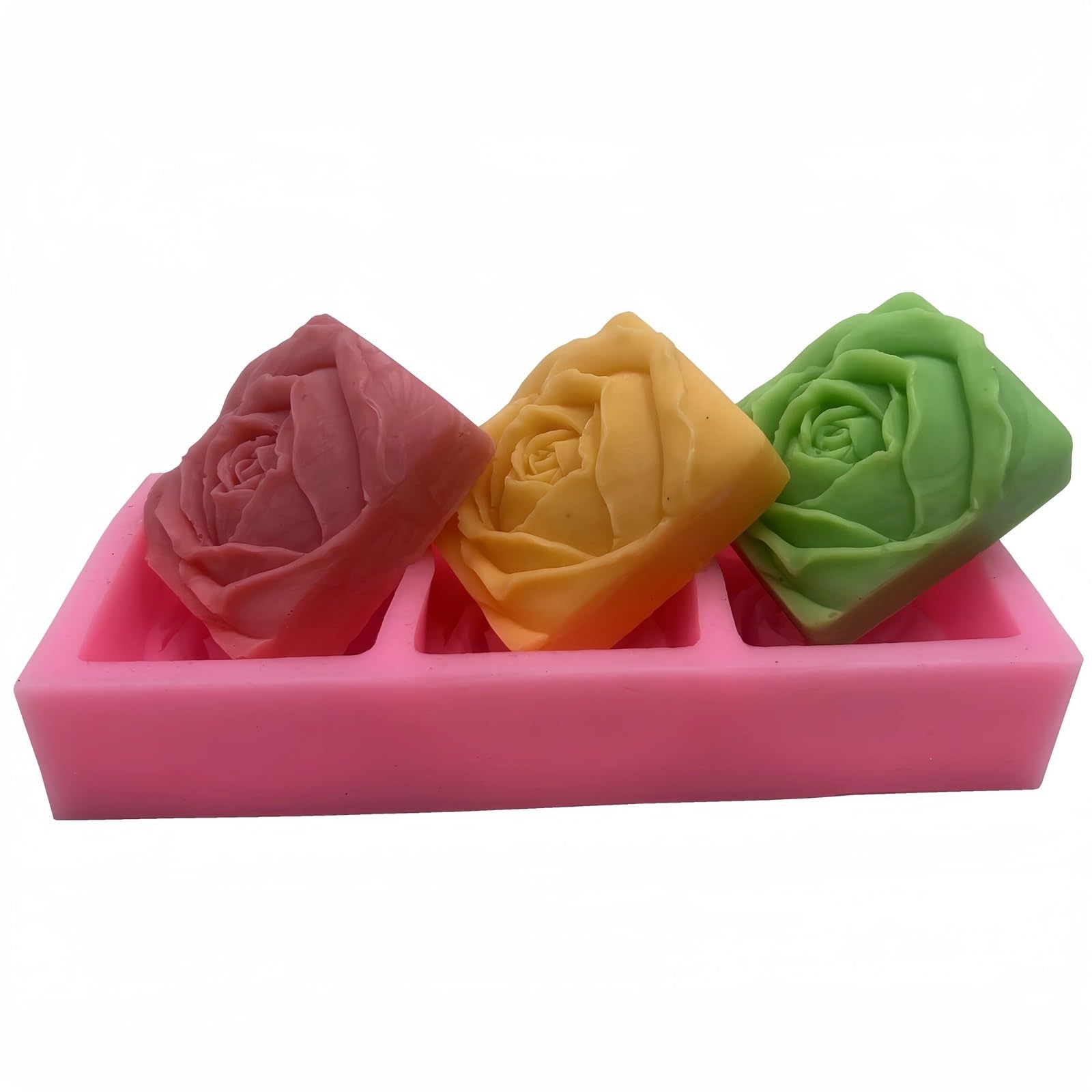 3 Cavities Silicone Flower Soap Mold,Bar Molds, Handmade Mould, DIY, Candle Wax, Gypsum Resin Craft for Making Soaps Bar(Rose)