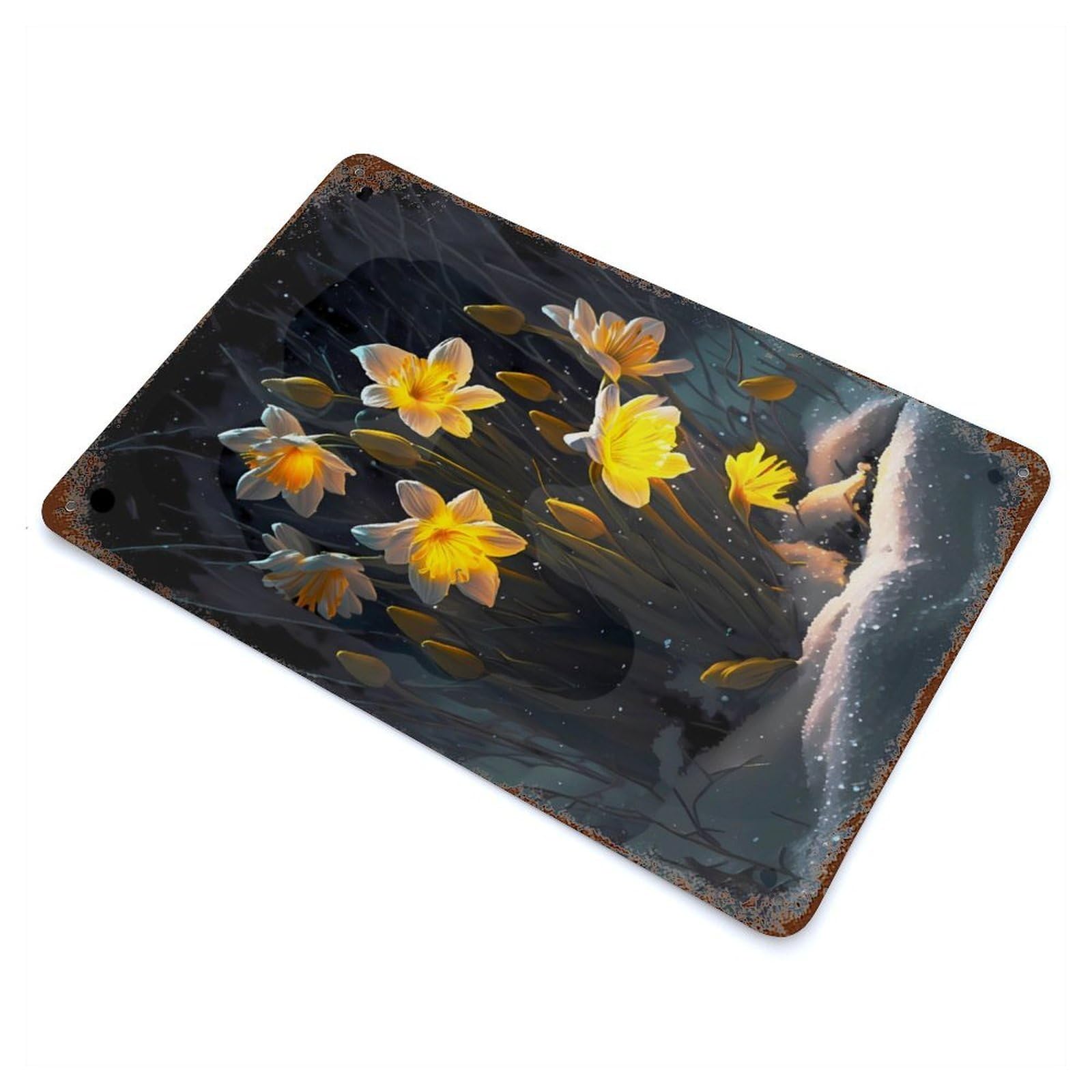 White Lilies Flowers Snow Rustic Tin Plaque 11.8"x7.9", Farmhouse Wall Decor for Shed, Workshop And Garage Wall Decor