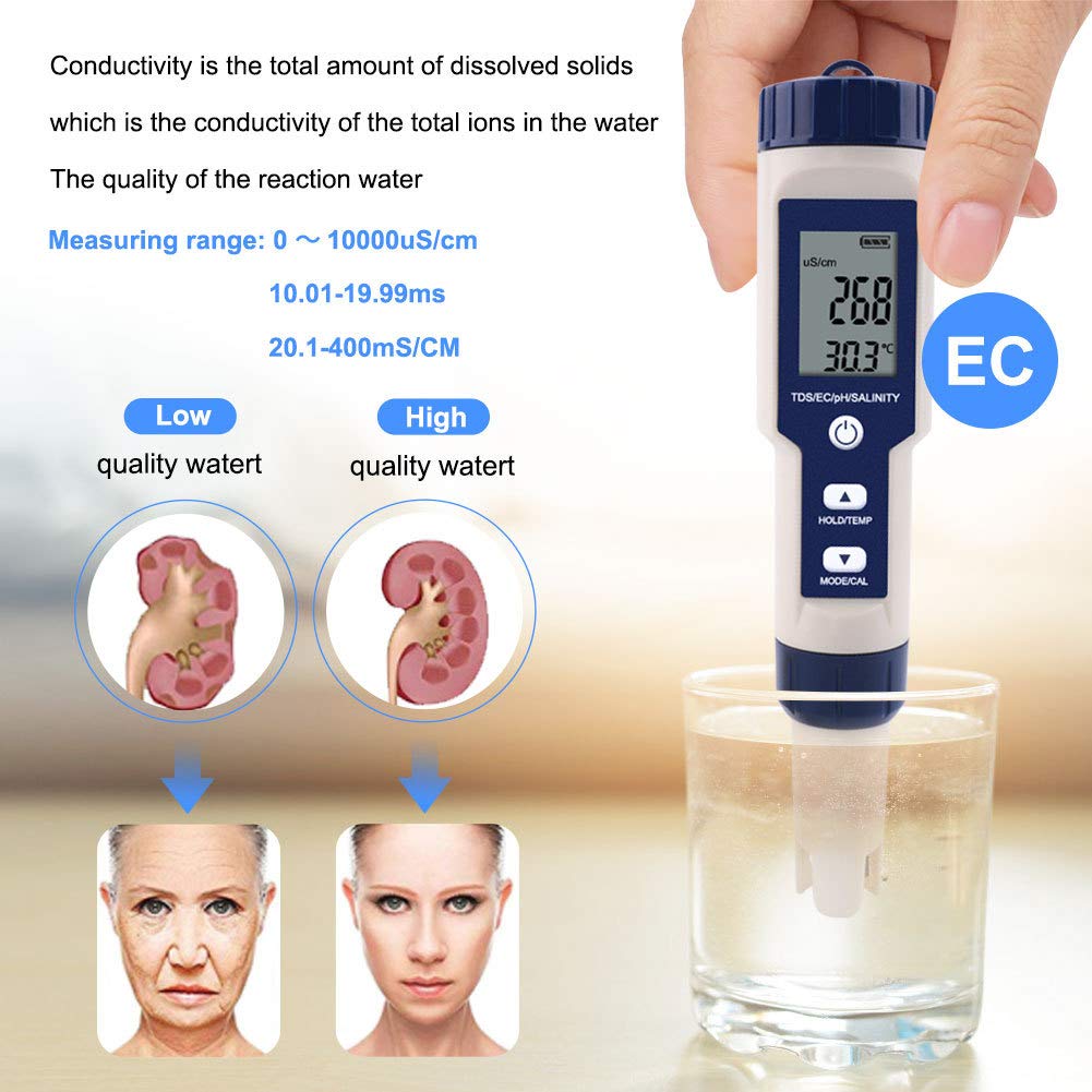 Testeur Numérique 5 en 1 TDS/EC/PH/Salinité/Température de L'eau Pour Hydroponie/Aquarium/Piscine/Eau Potable DH12