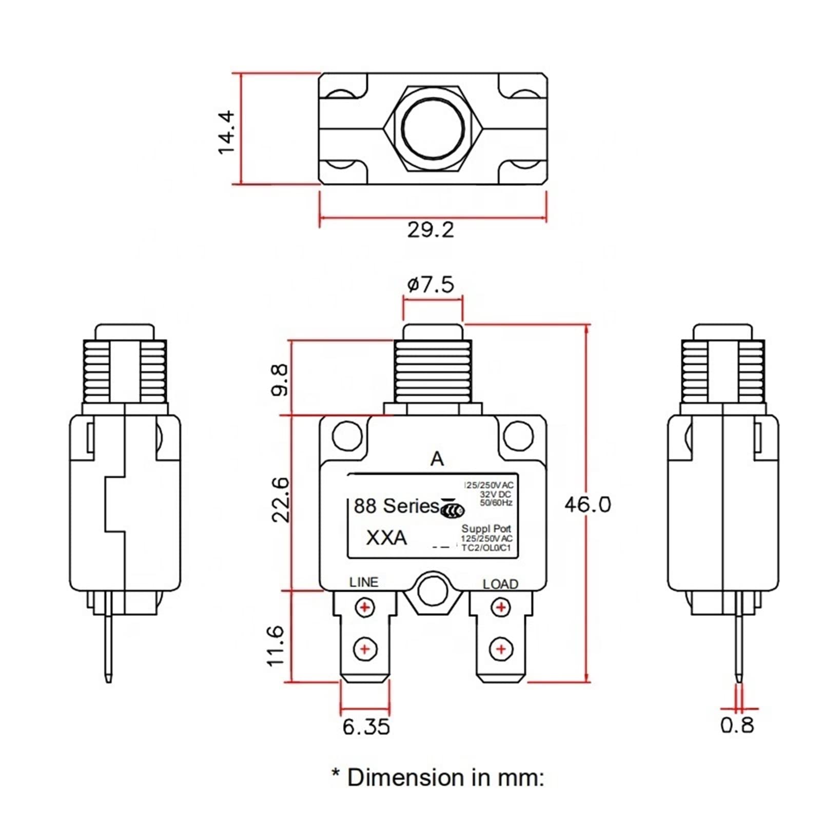 Protecteur thermique de moteur de pompe à bouton-poussoir série 88 avec disjoncteur avec fil 12AWG 150mm 1 pièces(6A)