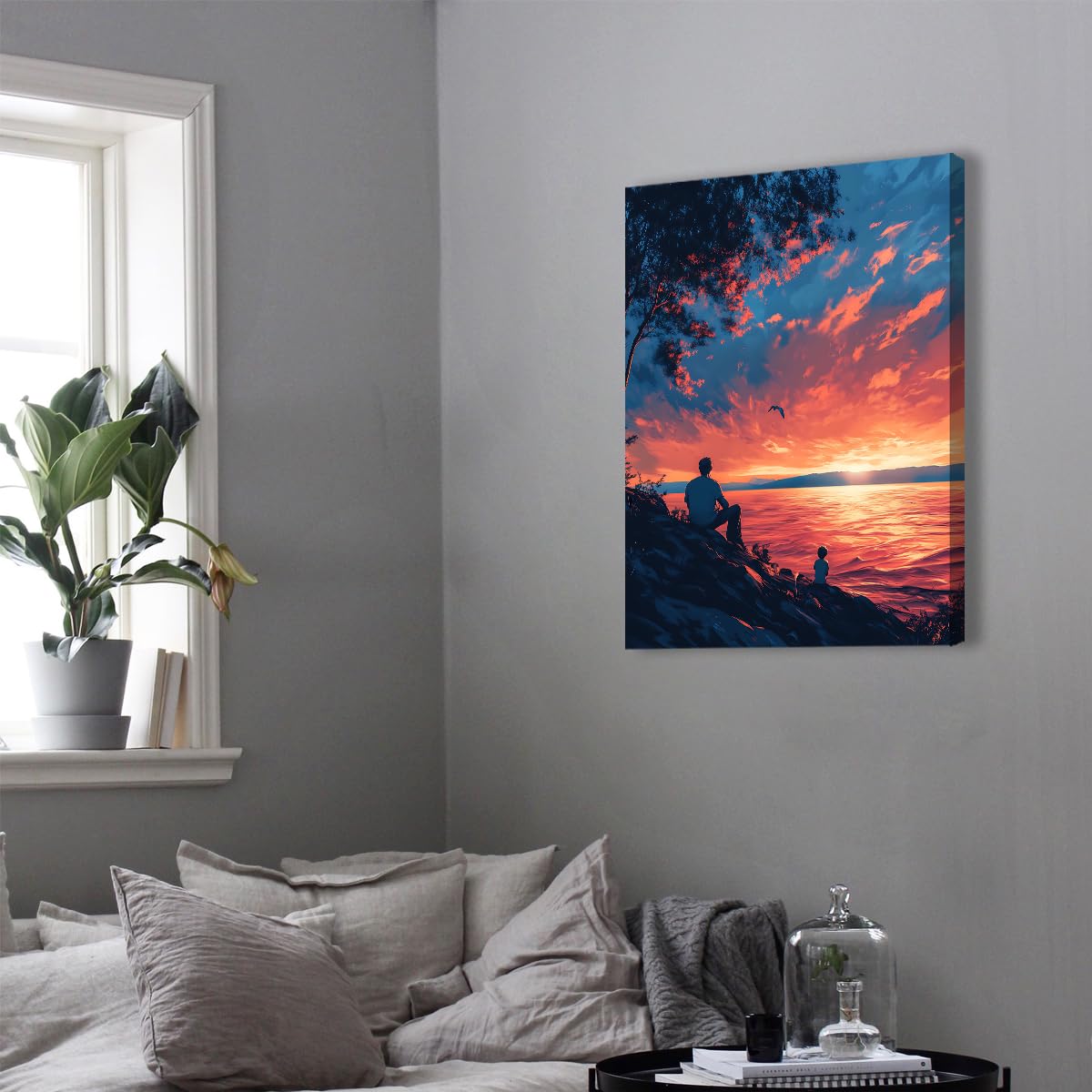 Pianta murale Sunset Coastal View Tela Stampa fotografica su tela Padre e Figlio Opere d'arte Decorazioni murali per la Festa del Papà per Casa Sala da pranzo Nursery 50x70cm Struttura interna