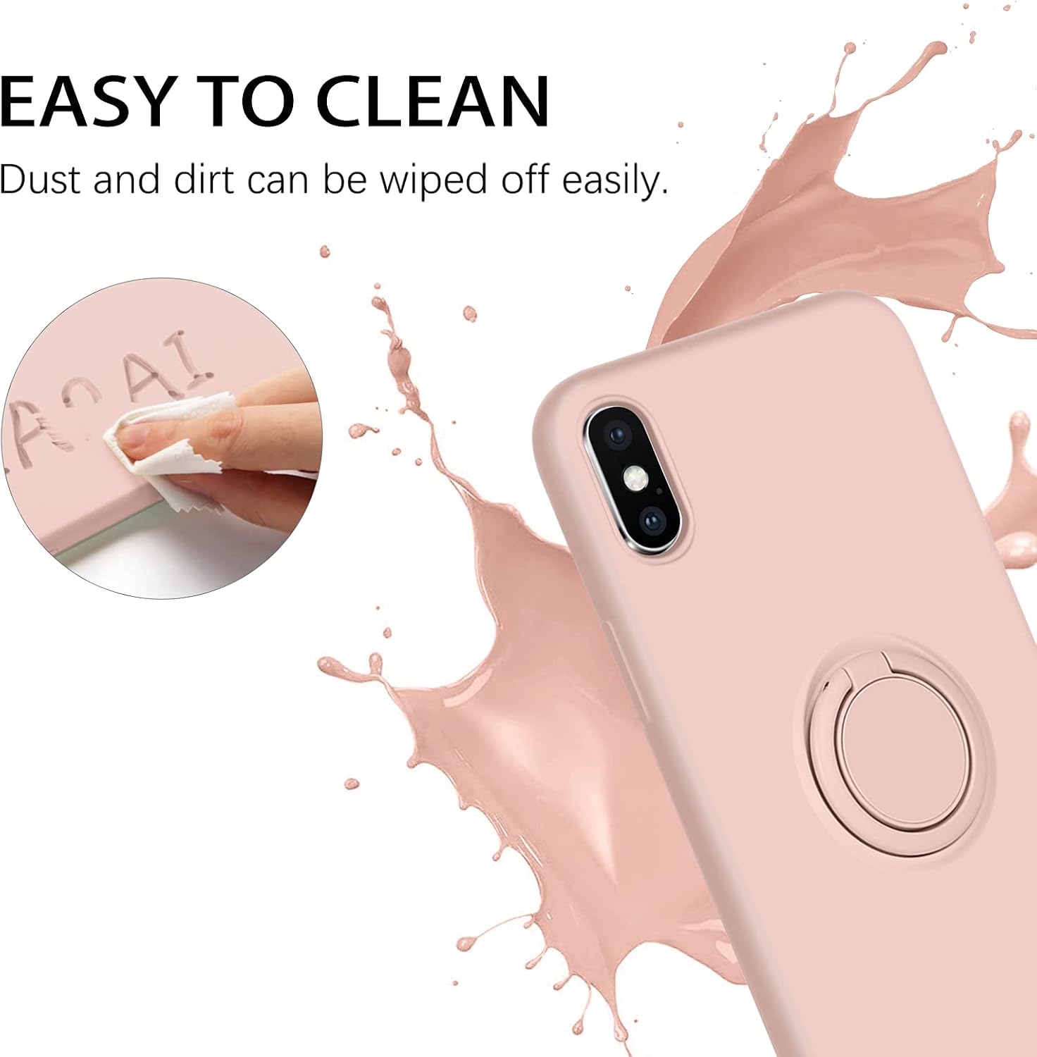 DUEDUE iPhone Xs Case, iPhone X Case, Liquid Silicone|Ring Kickstand|Car Mount Function|Shock Absorption Full Body Protective Case with Soft Gel Rubber Slim Cover for iPhone Xs/iPhone X, Pink Sand