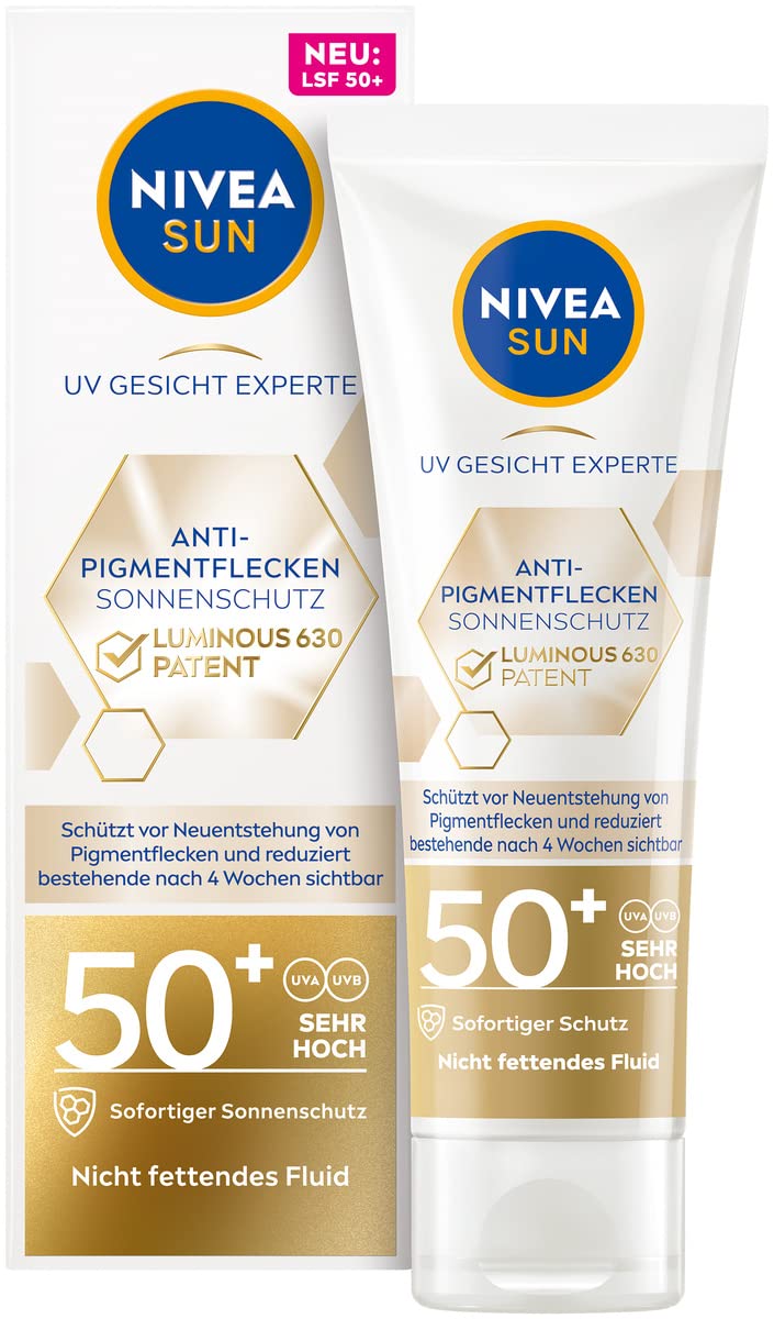 NIVEA SUN Crema solar facial hidratante antimanchas de pigmento 50+, crema solar facial no grasa con alto SPF, UV cara Luminous630® anti manchas de pigmento protector solar (40 ml)