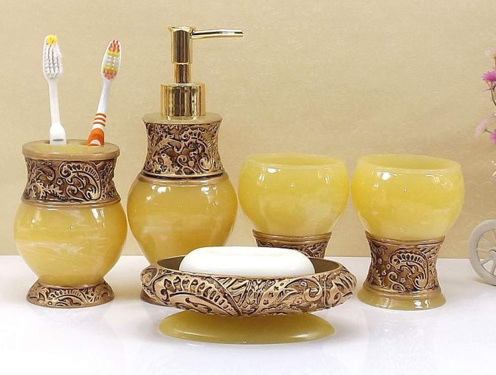 JTKDL Set di Accessori da Bagno in Resina 5 Pezzi Dispenser di Sapone/ Portaspazzolino/Bicchiere/Portasapone,Yellow