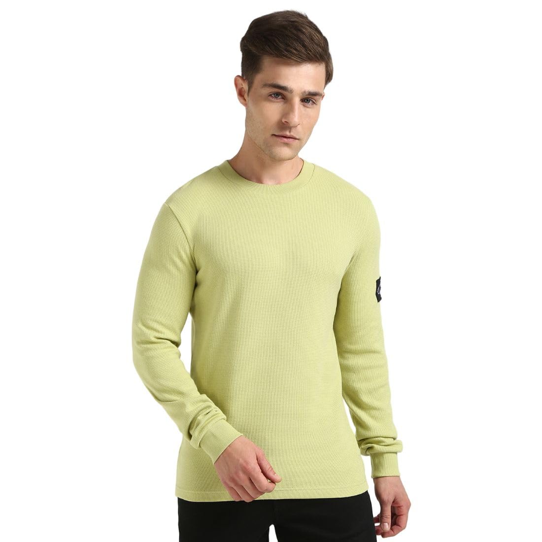 Calvin Klein Men’s Badge Cotton Waffle Long Sleeve Top, Green (Leek Green), XXS