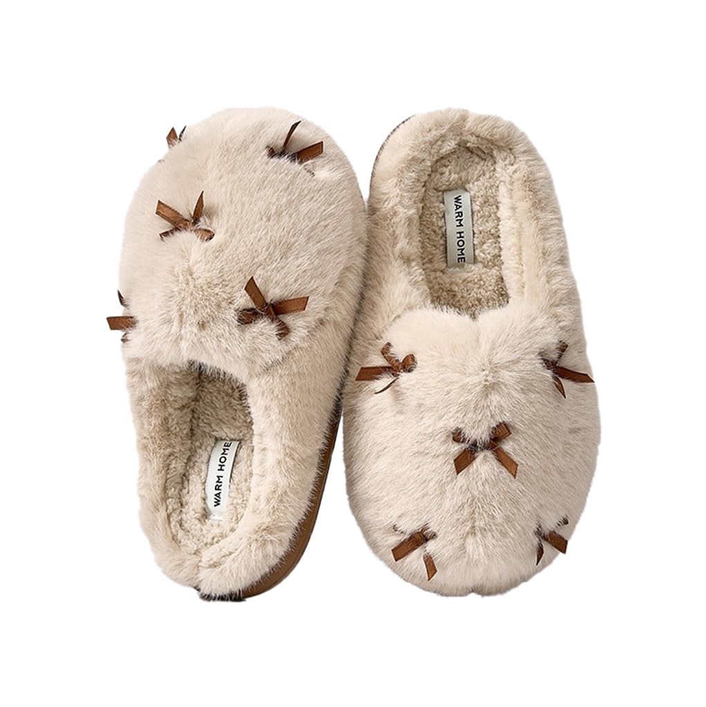 Uewidiod Women's Cute Plush Home Butterfly Knot Cotton Comfortable Thick Bottom Outdoor Winter Indoor Soft Warm Slippers