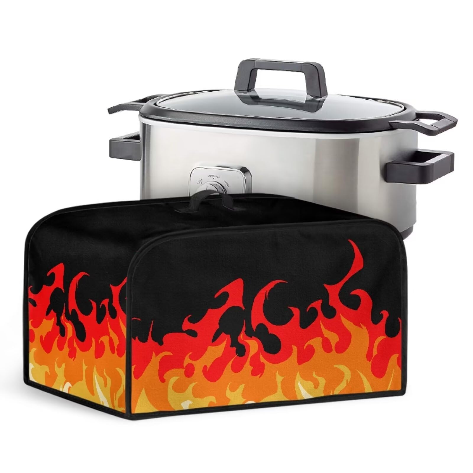 Suhoaziia Fire Flame Slow Cooker Dust Cover Fits for Most 6-8 Quart Oval Slow Cooker Machine Washable Slow Cooker Protector with Top Handle & Side Mesh Pocket for Kitchen Decor