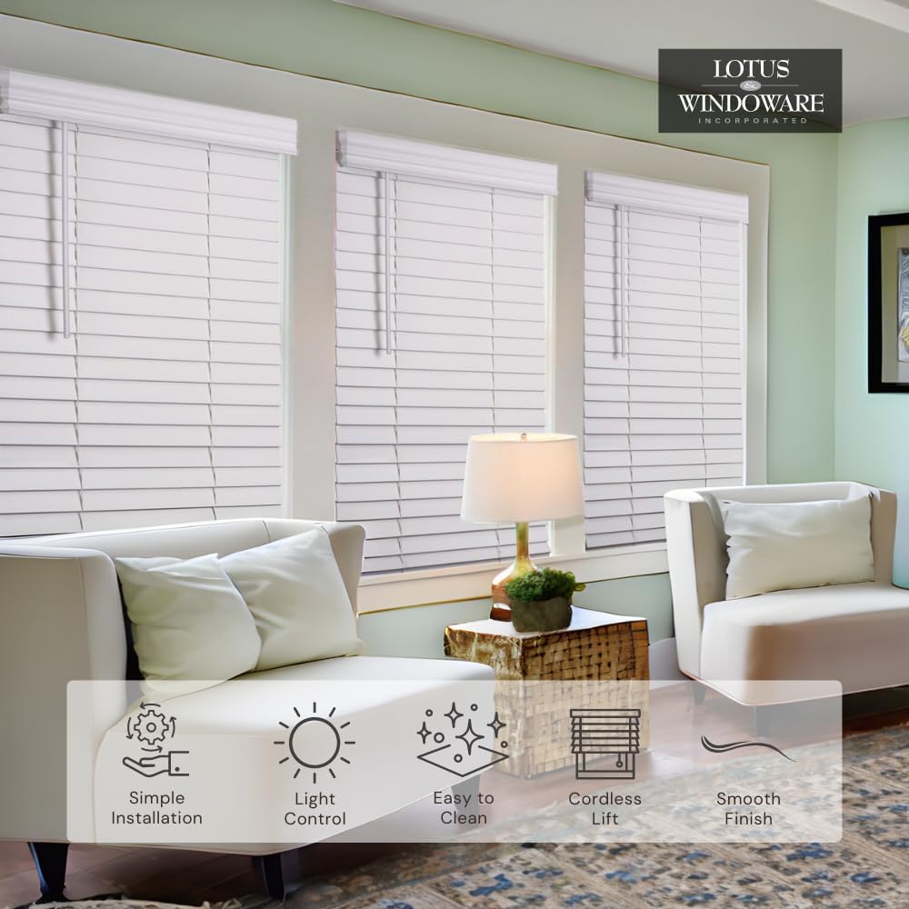 Lotus & Windoware Cordless, 2 Inch Faux Wood Blind, 59" Wide x 48" Long, Window Blinds, Blinds & Shades, Blinds for Indoor Windows, Smooth, Bright White - 59" x 48",Bright White