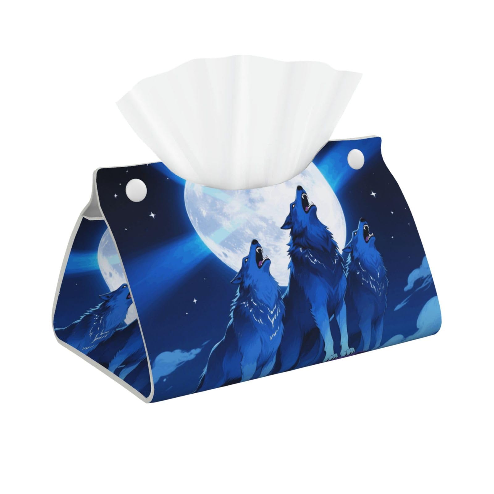Pu Leather Tissue Box Cover, Blue Wolf Moon Rectangle Tissue Case Covers Decorative Tissue Box Holder Waterproof Tissue Holder Organizer for Bathroom Home Office