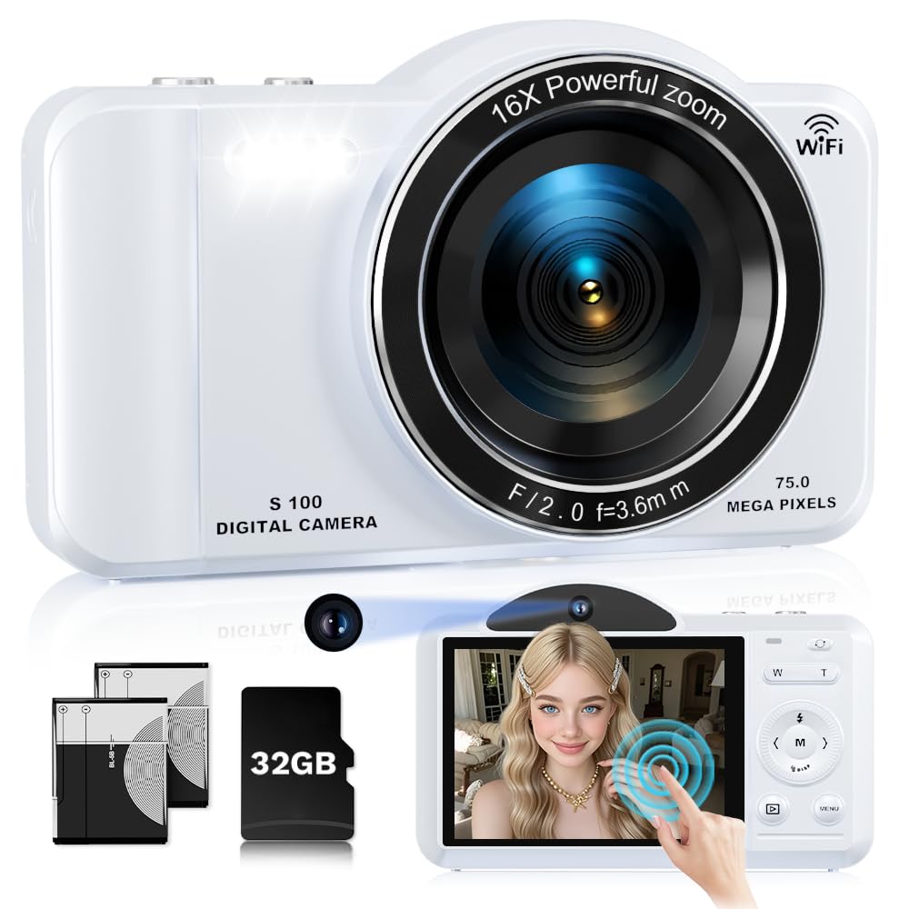 Digital Camera, 4K WiFi 75MP Dual Camera Point and Shoot Camera with Touchscreen and 16X Zoom, Autofocus Vlogging Cameras for YouTube and Travel, with