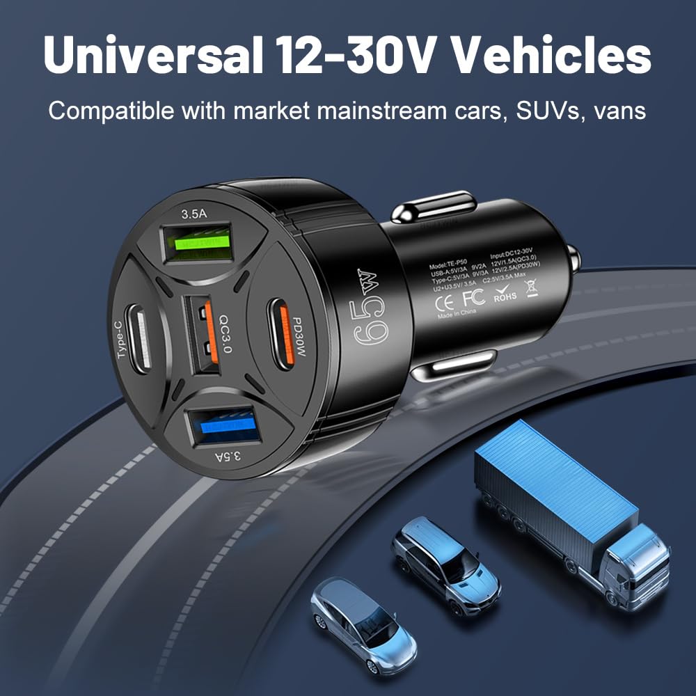 Cargador USB C de coche de 65 W 5 en 1 multipuerto PD30W y QC3.0 de carga ultra rápida, cargador USB para iPhone/Android/Samsung/iPad Pro y más (negro)
