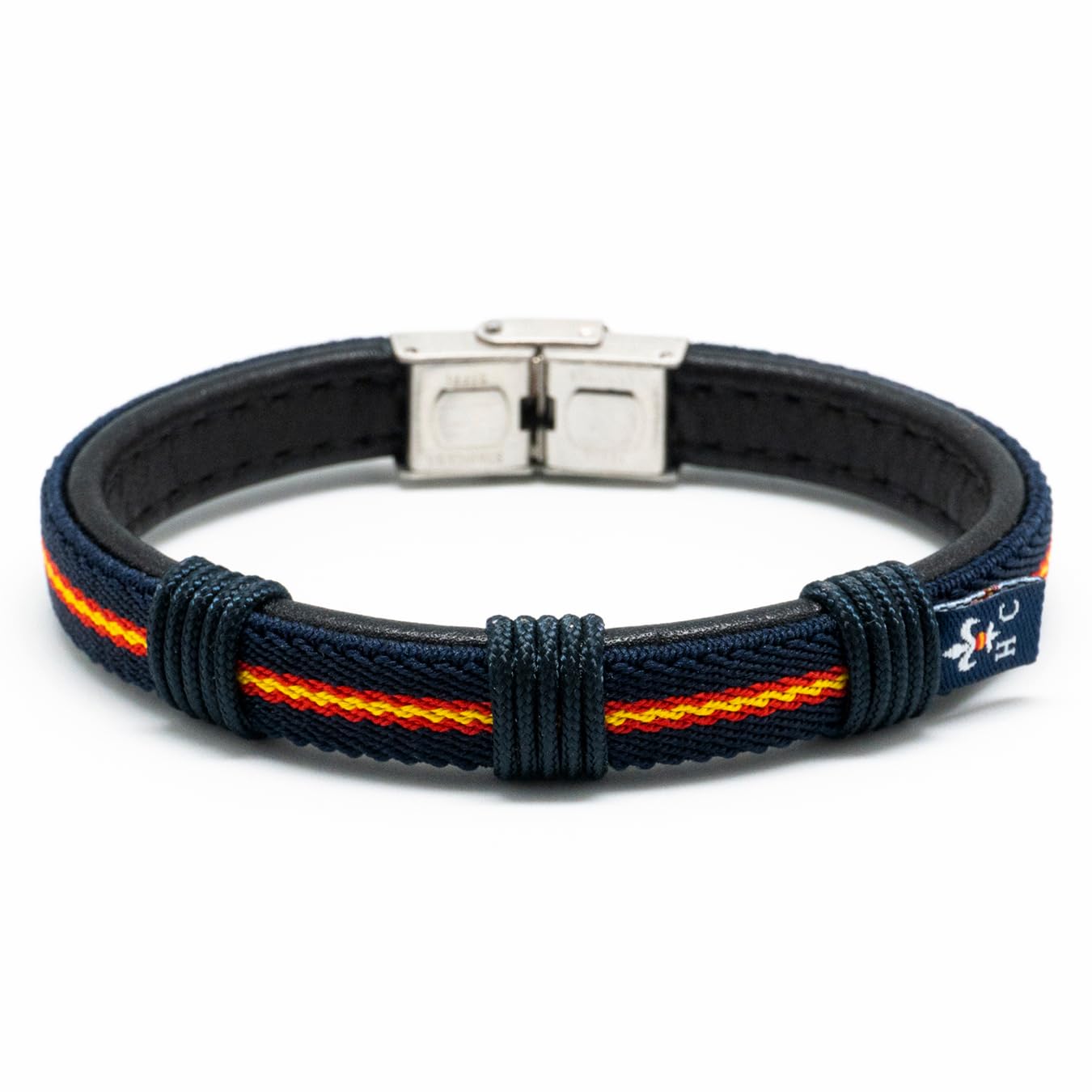 Hispania Colors – Pulsera con Bandera de España Wake Up Azul Marino – Elástico, Piel y Cordón Náutico – Cierre de Acero Inoxidable – Hecha a Mano en España
