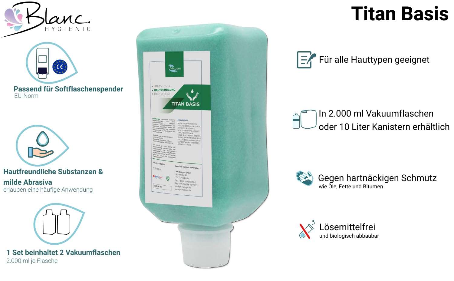 Set Softflaschenspender + 2x2 L Titan Basis | Blanc HYGIENIC SET mit Softflaschenspender und 2x 2 Liter Titan Basis Handreinigungspaste