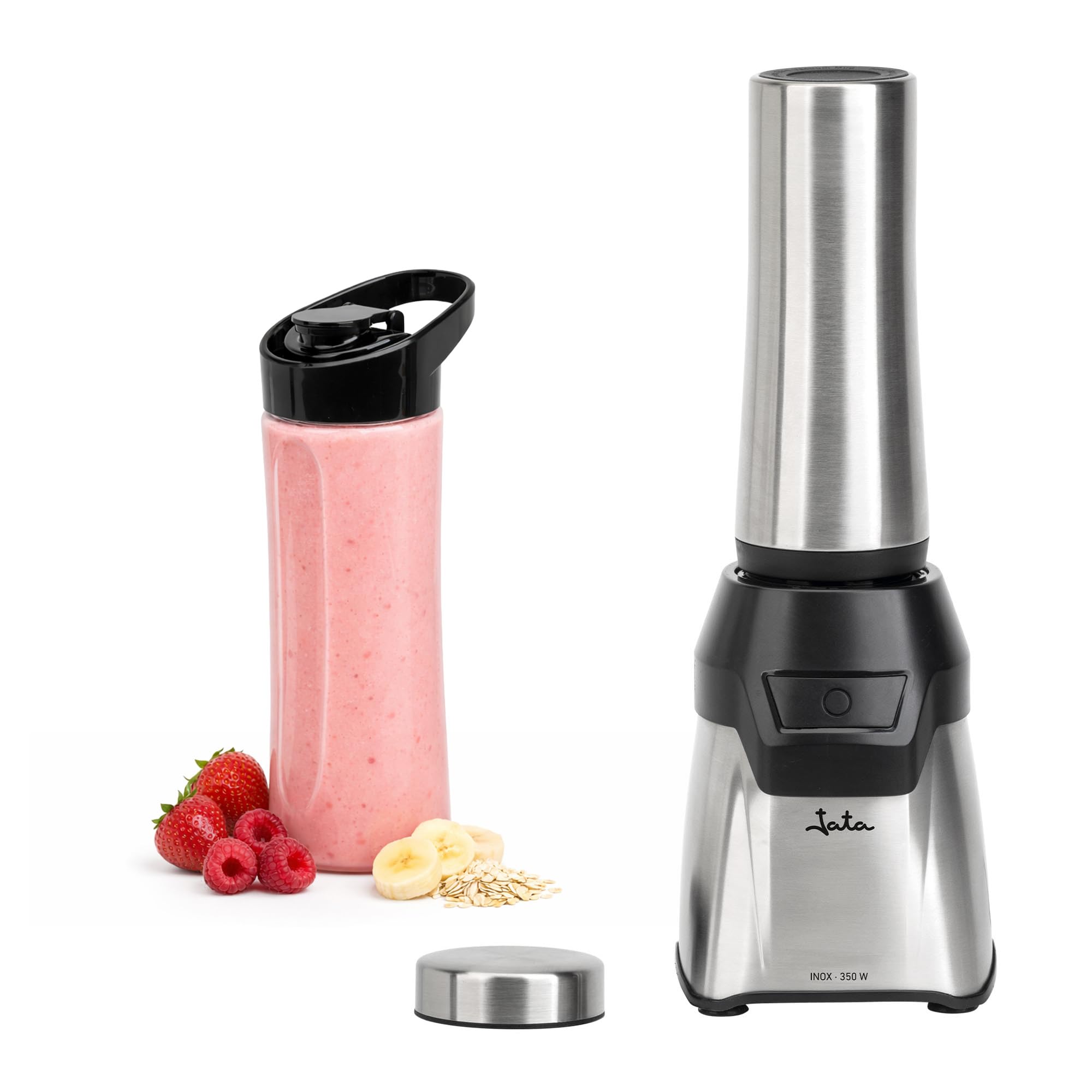 JATA JEBT1011 - Batidora de Vaso Individual 350 W, con 2 Botellas: Botella Deportiva Tritan 600 ml y Botella Termo Inox 435 ml, 4 Cuchillas Extraíbles, para Smoothies y Batidos, sin BPA