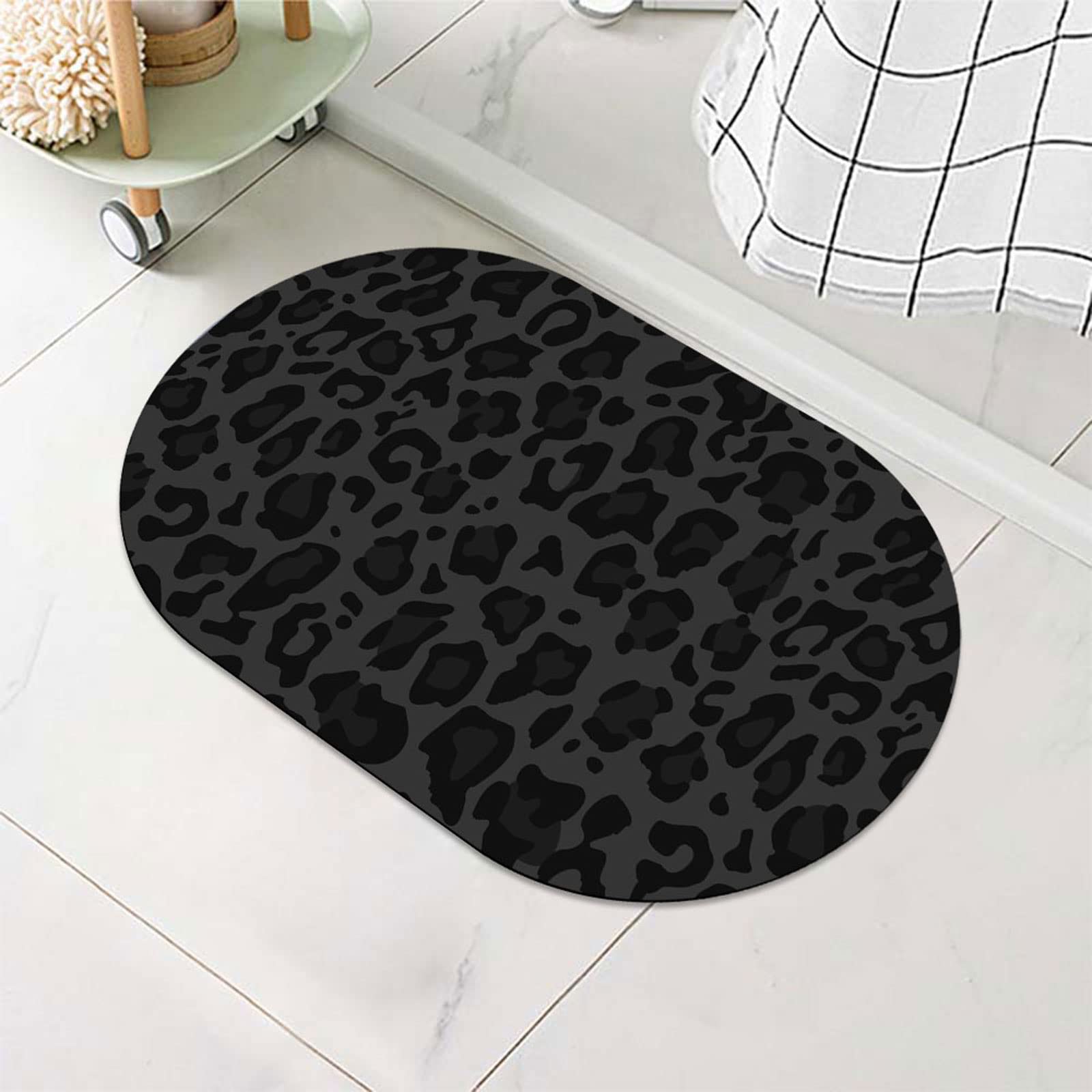 Yesad Bath Mat Rug-Black Leopard Pattern Rubber Non Slip Quick Dry Super Absorbent Thin Bathroom Rugs Fit Under Door Washable Bathroom Floor Mats-Shower Rug for in Front of Bathtub,Shower Room,Sink