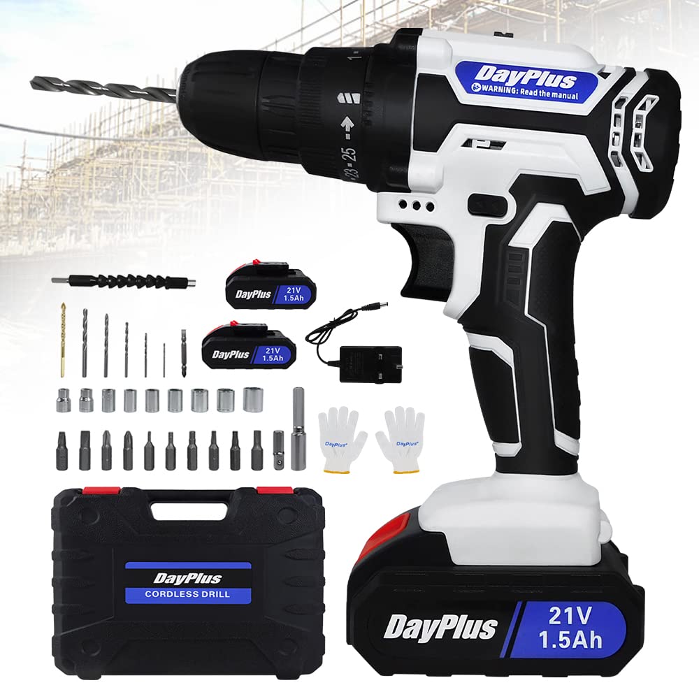 Autofu White 21V Cordless Drill Driver Set Combi Electric Screwdriver Kit, 2-Speed, 3/8'' Keyless Clutch, 25+1 Torque Setting, 45Nm Torque, 2 Batteries, 1 Charger, 29 Pcs Drill/Driver Bits And Storage Case