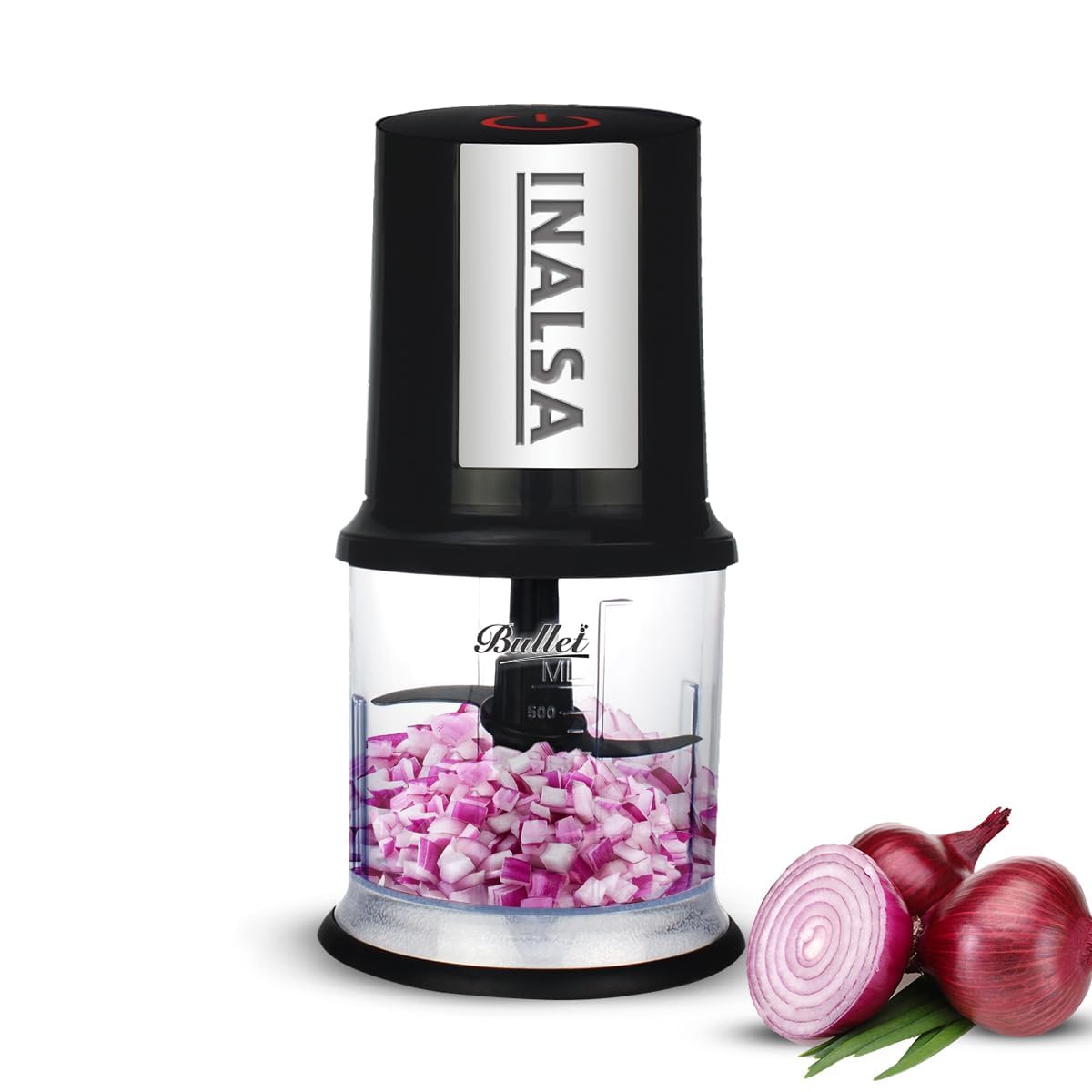 INALSA Electric Chopper for Kitchen with 400 Watts Pure Copper Motor|Chop,Mince,Puree,Dice |Twin Blade Technology|One Touch Operation,1.30mtr Long Power Cord (Black/Silver)- Bullet-image-5