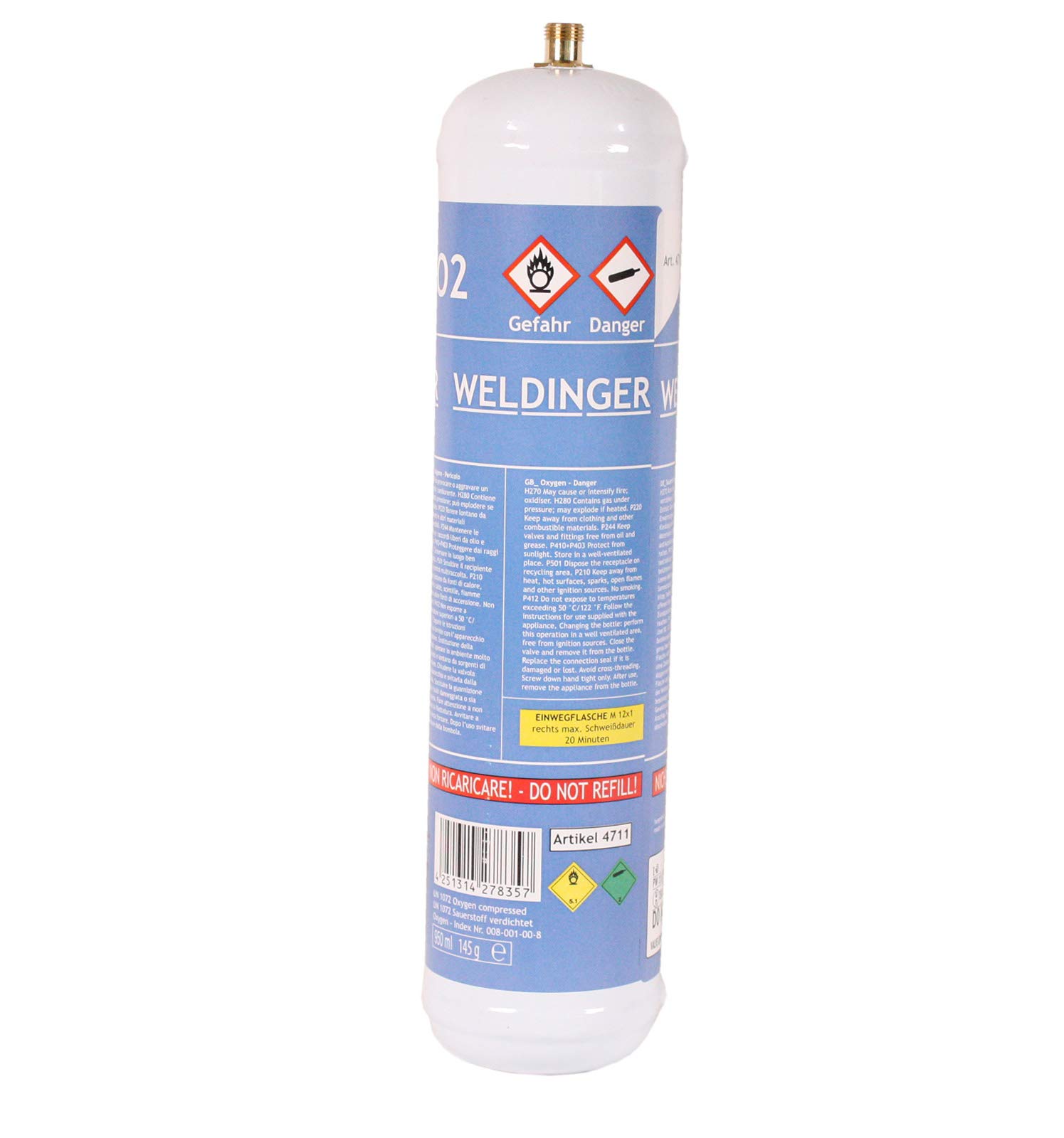 WELDINGER Set 2x Sauerstoff 1 Liter M12x1 rechts 1x Brenngas Supergas 600 ml