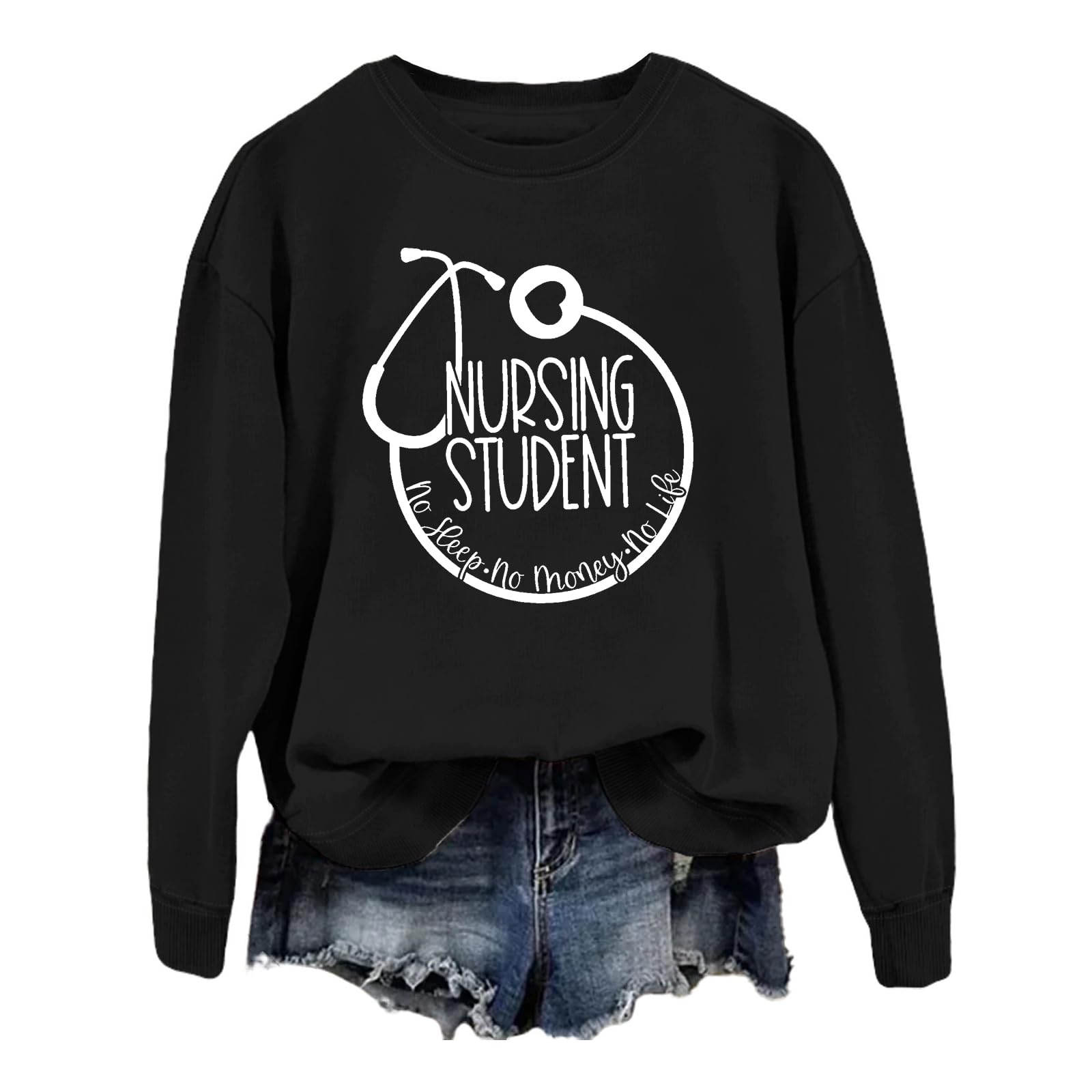 Nursing Student Sweatshirt, No Sleep No Money No Life Nursing Shirt Future Nurse Crewneck Sweater Tops for Women